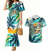 Hawaii Waimanalo Sea Turtle Couples Matching Mermaid Dress and Hawaiian Shirt Cute Tropical Beach Aloha Spirit Cartoon TS04 Green Blue - Polynesian Pride