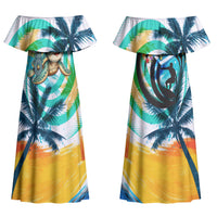 Hawaii Waimanalo Sea Turtle Couples Matching Off Shoulder Maxi Dress and Long Sleeve Button Shirt Cute Tropical Beach Aloha Spirit Cartoon TS04 - Polynesian Pride