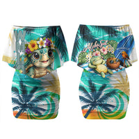 Hawaii Waimanalo Sea Turtle Family Matching Off Shoulder Short Dress and Hawaiian Shirt Cute Tropical Beach Aloha Spirit Cartoon TS04 Mom's Dress Green Blue - Polynesian Pride