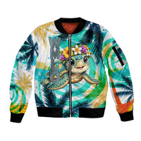 Hawaii Waimanalo Sea Turtle Sleeve Zip Bomber Jacket Cute Tropical Beach Aloha Spirit Cartoon