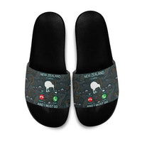 New Zealand is Calling and I Must Go Slide Sandals Kiwi Bird Silhouette