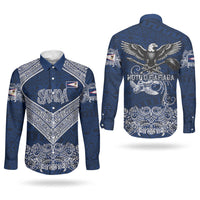 American Samoa Eagle Couples Matching Puletasi and Long Sleeve Button Shirt Sea Turtle Traditional Polynesian Tribal Tattoo