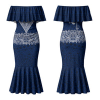 American Samoa Eagle Family Matching Mermaid Dress and Hawaiian Shirt Sea Turtle Traditional Polynesian Tribal Tattoo TS04 Mom's Dress Blue White - Polynesian Pride