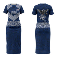 American Samoa Eagle Family Matching Short Sleeve Bodycon Dress and Hawaiian Shirt Sea Turtle Traditional Polynesian Tribal Tattoo TS04 Mom's Dress Blue White - Polynesian Pride