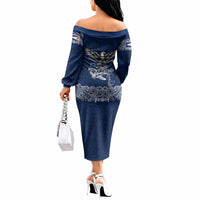 American Samoa Eagle Off The Shoulder Long Sleeve Dress Sea Turtle Traditional Polynesian Tribal Tattoo