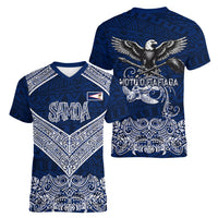 American Samoa Eagle Women V-Neck T-Shirt Sea Turtle Traditional Polynesian Tribal Tattoo