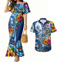 American Samoa Pago Pago Couples Matching Mermaid Dress and Hawaiian Shirt Sea Turtle And Fruit Bat - Tropical Hibiscus Flowers Polynesian TS04 Blue White - Polynesian Pride