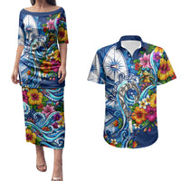 American Samoa Pago Pago Couples Matching Puletasi and Hawaiian Shirt Sea Turtle And Fruit Bat - Tropical Hibiscus Flowers Polynesian TS04 Blue White - Polynesian Pride