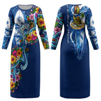 American Samoa Pago Pago Family Matching Long Sleeve Bodycon Dress and Hawaiian Shirt Sea Turtle And Fruit Bat - Tropical Hibiscus Flowers Polynesian TS04 Mom's Dress Blue White - Polynesian Pride