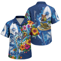 American Samoa Pago Pago Family Matching Off Shoulder Maxi Dress and Hawaiian Shirt Sea Turtle And Fruit Bat - Tropical Hibiscus Flowers Polynesian TS04 Son's Shirt Blue White - Polynesian Pride