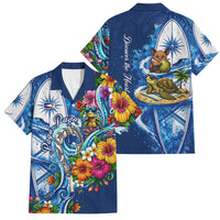 American Samoa Pago Pago Family Matching Summer Maxi Dress and Hawaiian Shirt Sea Turtle And Fruit Bat - Tropical Hibiscus Flowers Polynesian TS04 Dad's Shirt - Short Sleeve Blue White - Polynesian Pride