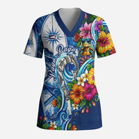 American Samoa Pago Pago Scrub Top Sea Turtle And Fruit Bat - Tropical Hibiscus Flowers Polynesian