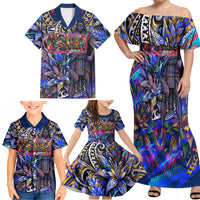 American Samoa Warrior Family Matching Off Shoulder Maxi Dress and Hawaiian Shirt Polynesian Fruit Bat Talofa Urban Graffiti Street Art