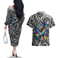 Chur Bro Shaka Sign Couples Matching Off The Shoulder Long Sleeve Dress and Hawaiian Shirt New Zealand Koru Colorful Graffiti Splash
