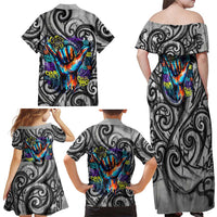 Chur Bro Shaka Sign Family Matching Off Shoulder Maxi Dress and Hawaiian Shirt New Zealand Koru Colorful Graffiti Splash