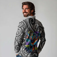 Chur Bro Shaka Sign Long Sleeve Polo Shirt New Zealand Koru Colorful Graffiti Splash