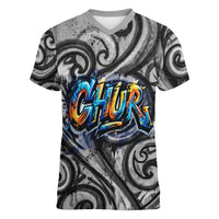 Chur Bro Shaka Sign Women V-Neck T-Shirt New Zealand Koru Colorful Graffiti Splash