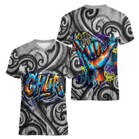 Chur Bro Shaka Sign Women V-Neck T-Shirt New Zealand Koru Colorful Graffiti Splash