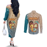 Kiwi Jandal Beach Life Couples Matching Off The Shoulder Long Sleeve Dress and Long Sleeve Button Shirt New Zealand Flip Flops Ocean Wave Surf Style