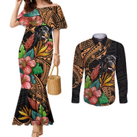 Polynesian Rottweiler Couples Matching Mermaid Dress and Long Sleeve Button Shirts Polynesian Pattern And Rottweiler TS04 Black - Polynesian Pride