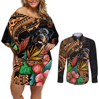 Polynesian Rottweiler Couples Matching Off Shoulder Short Dress and Long Sleeve Button Shirts Polynesian Pattern And Rottweiler TS04 Black - Polynesian Pride