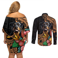 Polynesian Rottweiler Couples Matching Off Shoulder Short Dress and Long Sleeve Button Shirts Polynesian Pattern And Rottweiler TS04 - Polynesian Pride