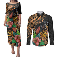 Polynesian Rottweiler Couples Matching Puletasi Dress and Long Sleeve Button Shirts Polynesian Pattern And Rottweiler TS04 Black - Polynesian Pride