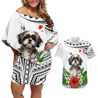Polynesian Shih Tzu Couples Matching Off Shoulder Short Dress and Hawaiian Shirt Polynesian Pattern And Shih Tzu TS04 White - Polynesian Pride