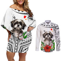 Polynesian Shih Tzu Couples Matching Off Shoulder Short Dress and Long Sleeve Button Shirts Polynesian Pattern And Shih Tzu TS04 White - Polynesian Pride