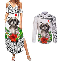 Polynesian Shih Tzu Couples Matching Summer Maxi Dress and Long Sleeve Button Shirts Polynesian Pattern And Shih Tzu TS04 White - Polynesian Pride