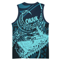 Chuuk Deep Into Truk Lagoon Basketball Jersey Polynesian Tribal Pattern Wreck Diving Teal Ship Art