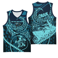 Chuuk Deep Into Truk Lagoon Basketball Jersey Polynesian Tribal Pattern Wreck Diving Teal Ship Art