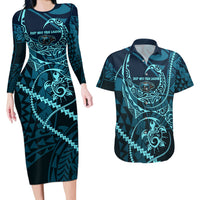 Chuuk Deep Into Truk Lagoon Couples Matching Long Sleeve Bodycon Dress and Hawaiian Shirt Polynesian Tribal Pattern Wreck Diving Teal Ship Art