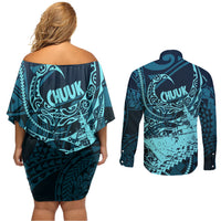 Chuuk Deep Into Truk Lagoon Couples Matching Off Shoulder Short Dress and Long Sleeve Button Shirt Polynesian Tribal Pattern Wreck Diving Teal Ship Art
