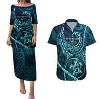 Chuuk Deep Into Truk Lagoon Couples Matching Puletasi and Hawaiian Shirt Polynesian Tribal Pattern Wreck Diving Teal Ship Art