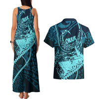 Chuuk Deep Into Truk Lagoon Couples Matching Tank Maxi Dress and Hawaiian Shirt Polynesian Tribal Pattern Wreck Diving Teal Ship Art