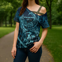 Chuuk Deep Into Truk Lagoon Cross Shoulder Shirt Polynesian Tribal Pattern Wreck Diving Teal Ship Art