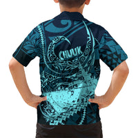 Chuuk Deep Into Truk Lagoon Family Matching Long Sleeve Bodycon Dress and Hawaiian Shirt Polynesian Tribal Pattern Wreck Diving Teal Ship Art