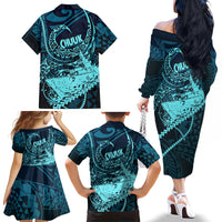 Chuuk Deep Into Truk Lagoon Family Matching Off The Shoulder Long Sleeve Dress and Hawaiian Shirt Polynesian Tribal Pattern Wreck Diving Teal Ship Art