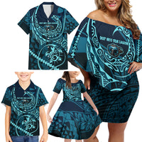 Chuuk Deep Into Truk Lagoon Family Matching Off Shoulder Short Dress and Hawaiian Shirt Polynesian Tribal Pattern Wreck Diving Teal Ship Art