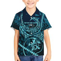 Chuuk Deep Into Truk Lagoon Family Matching Off Shoulder Short Dress and Hawaiian Shirt Polynesian Tribal Pattern Wreck Diving Teal Ship Art