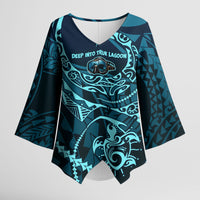 Chuuk Deep Into Truk Lagoon Kimono Sleeve Blouse Polynesian Tribal Pattern Wreck Diving Teal Ship Art