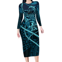 Chuuk Deep Into Truk Lagoon Long Sleeve Bodycon Dress Polynesian Tribal Pattern Wreck Diving Teal Ship Art