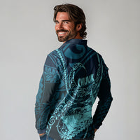 Chuuk Deep Into Truk Lagoon Long Sleeve Polo Shirt Polynesian Tribal Pattern Wreck Diving Teal Ship Art