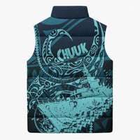 Chuuk Deep Into Truk Lagoon Sleeveless Puffer Jacket Polynesian Tribal Pattern Wreck Diving Teal Ship Art