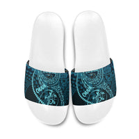 Chuuk Deep Into Truk Lagoon Slide Sandals Polynesian Tribal Pattern Wreck Diving Teal Ship Art