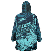 Chuuk Deep Into Truk Lagoon Wearable Blanket Hoodie Polynesian Tribal Pattern Wreck Diving Teal Ship Art