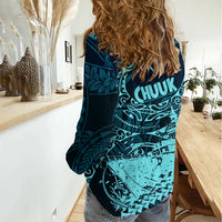 Chuuk Deep Into Truk Lagoon Women Casual Shirt Polynesian Tribal Pattern Wreck Diving Teal Ship Art