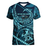 Chuuk Deep Into Truk Lagoon Women V-Neck T-Shirt Polynesian Tribal Pattern Wreck Diving Teal Ship Art