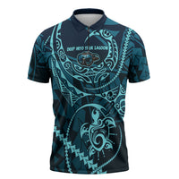 Chuuk Deep Into Truk Lagoon Zipper Polo Shirt Polynesian Tribal Pattern Wreck Diving Teal Ship Art
